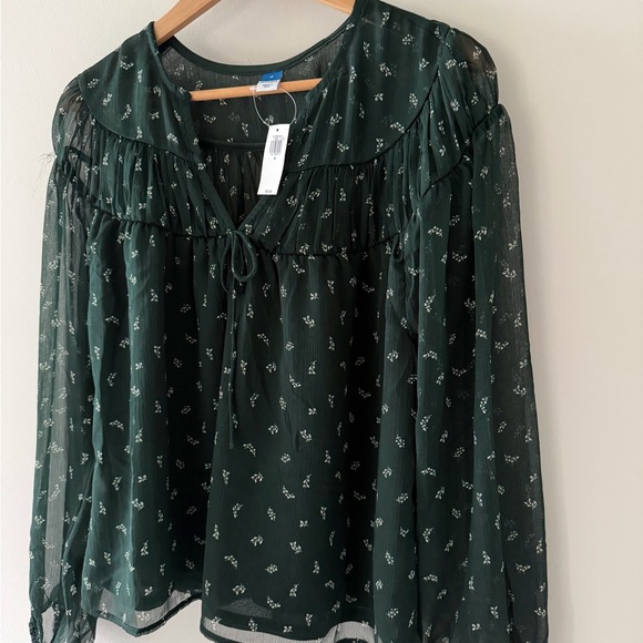 Old Navy Dark Green Floral Tie-Neck Blouse - Women Tops - Picture 4 of 5